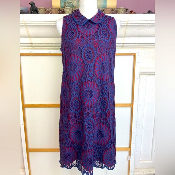 J. Crew Dresses & Skirts - J.Crew Elegant Blue and Red Lace Dress blue background red & blue lace overlay